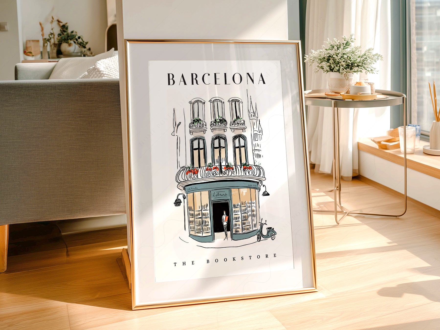 Barcelona Bookstore Illustration wall art in a cozy home study or reading room
