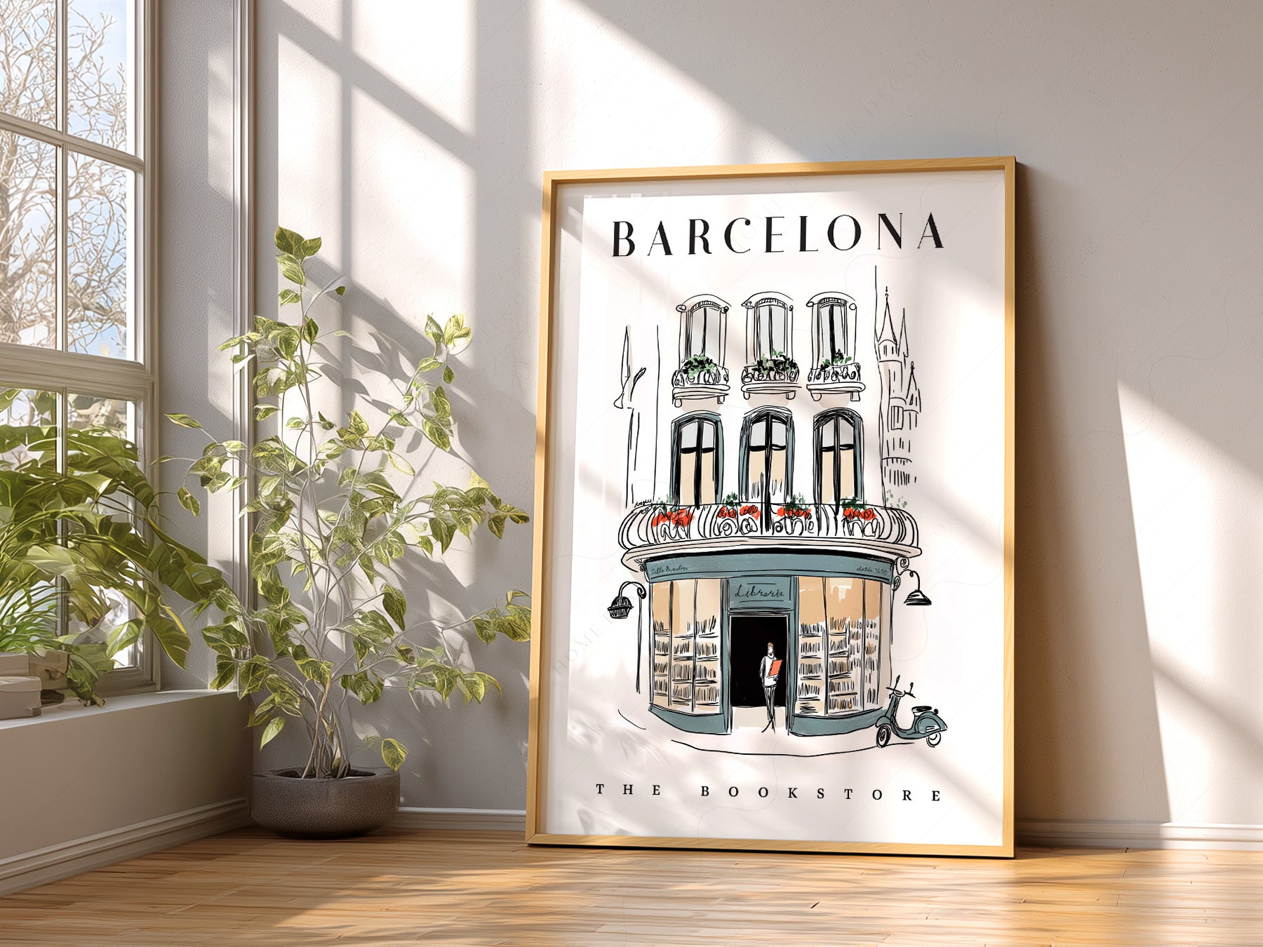 Barcelona Bookstore Illustration art print as wall decor in a minimalist home office