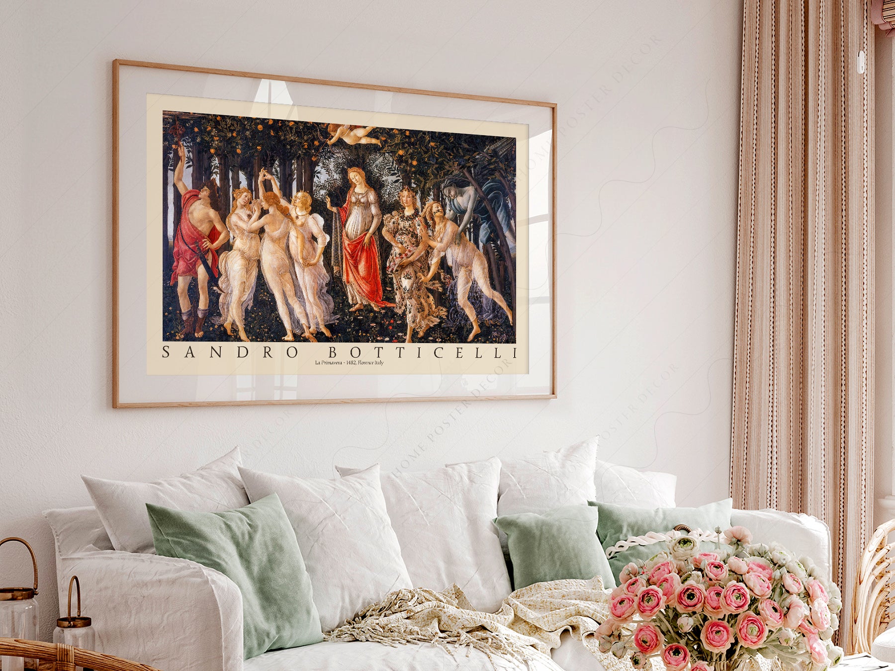 Sandro Botticelli La Primavera styled in a Scandinavian bedroom