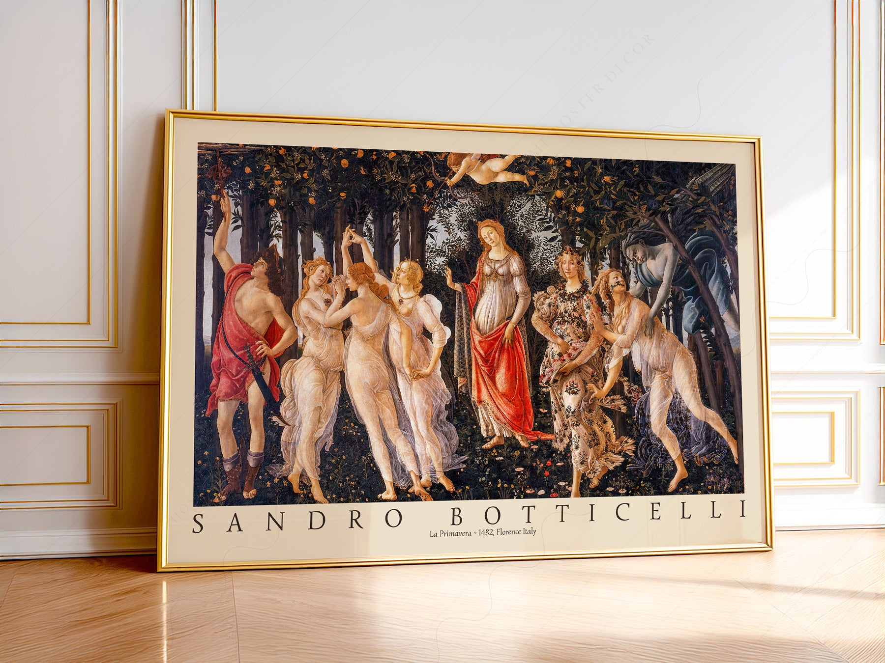 Sandro Botticelli La Primavera Renaissance art print depicting mythological figures dancing in a spring garden.