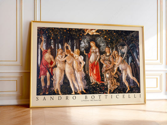 Sandro Botticelli La Primavera Renaissance art print depicting mythological figures dancing in a spring garden.