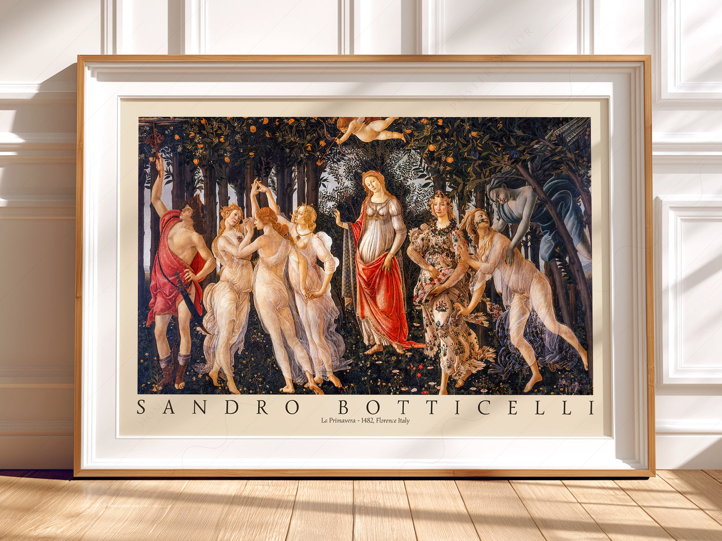Sandro Botticelli La Primavera wall art print displayed in a bright modern living room