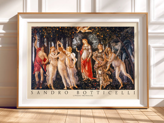 Sandro Botticelli La Primavera wall art print displayed in a bright modern living room