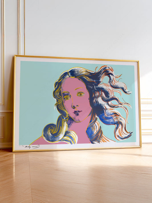 Andy Warhol Botticelli's Venus pop art print featuring pink face and mint background with flowing colorful hair.