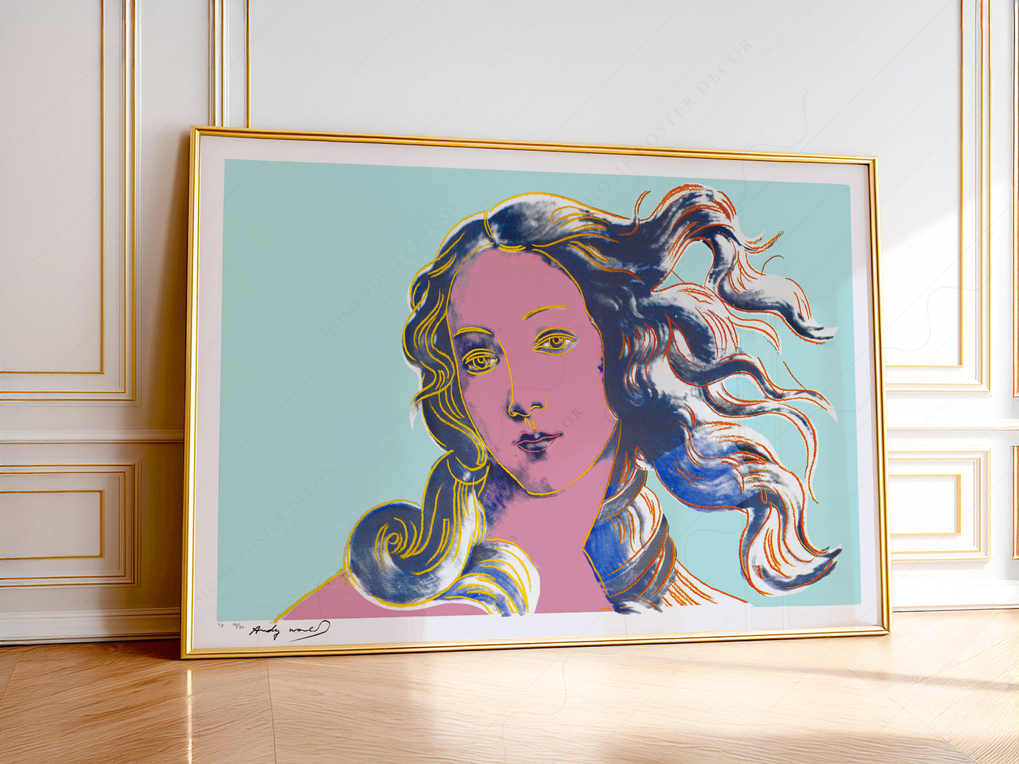 Andy Warhol Botticelli's Venus pop art print featuring pink face and mint background with flowing colorful hair.