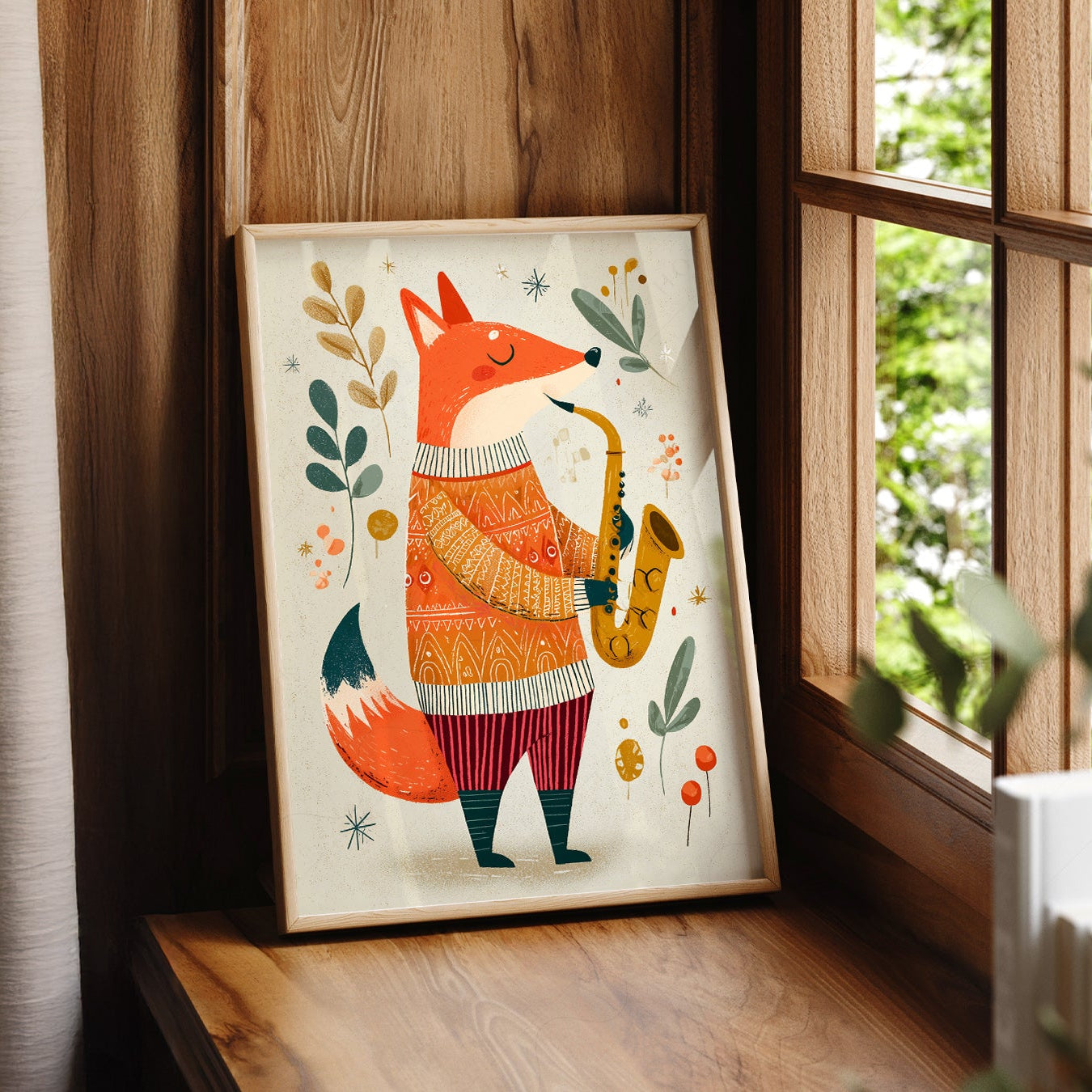A vertical nursery art print of a whimsical red fox standing and playing a golden saxophone. The fox wears a detailed orange and cream patterned sweater with red and white striped pants and teal socks. The background is a textured light cream decorated with stylized teal and gold leaves, small red berries, and delicate stars.