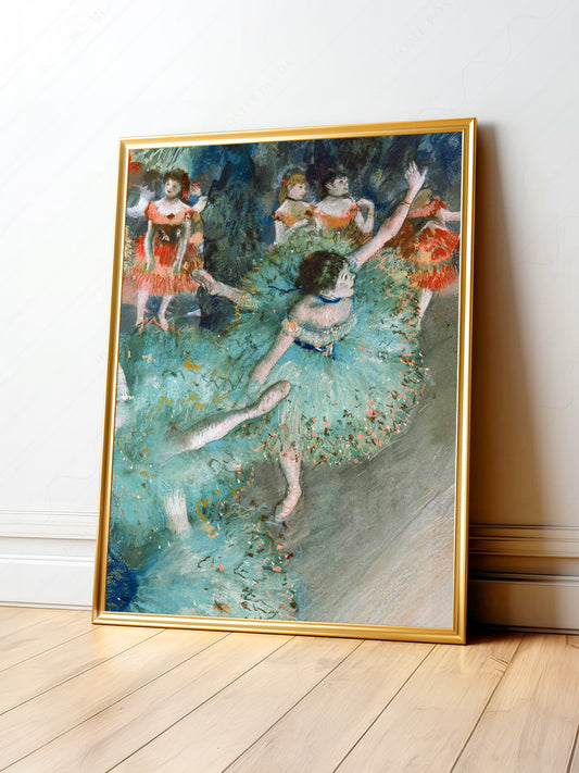 Edgar Degas Swaying Dancer art print featuring a ballerina in turquoise tutu with orange-clad dancers in background.