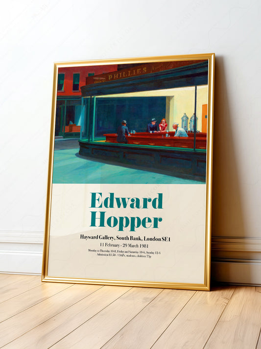 Edward Hopper Nighthawks exhibition poster art print featuring the iconic late-night diner scene in urban American Realism style.