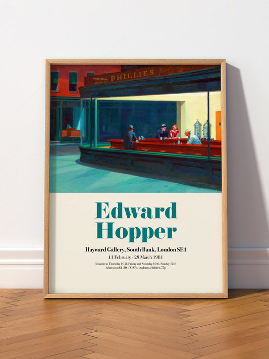 Edward Hopper Nighthawks Exhibition wall art print displayed in a bright modern living room