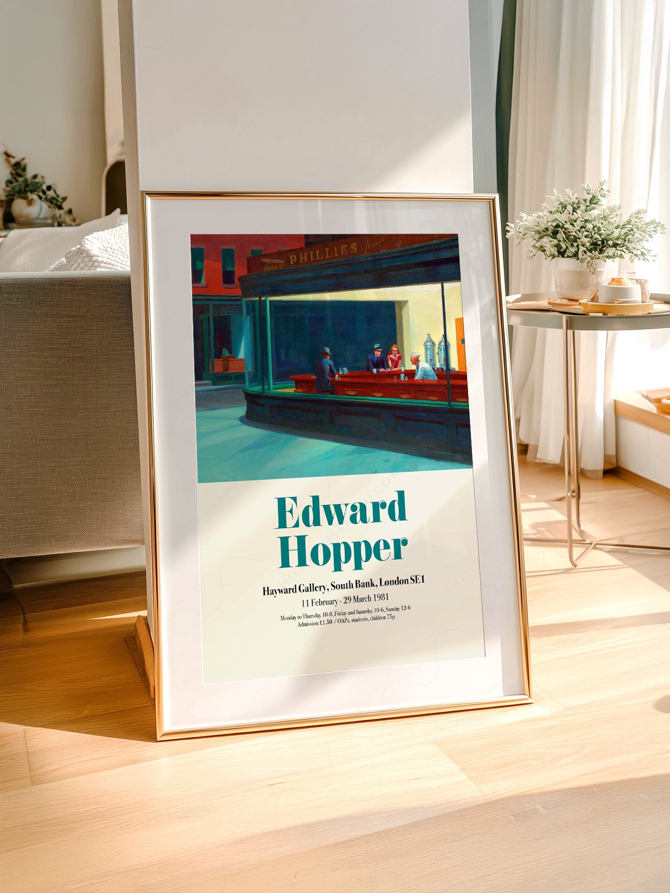 Edward Hopper art print styled in a Scandinavian bedroom