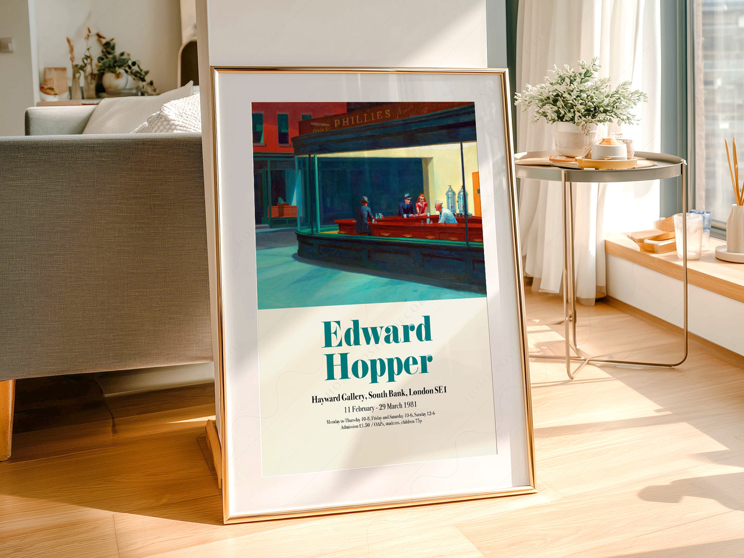 Edward Hopper Nighthawks Exhibition wall art print displayed in a bright modern living room