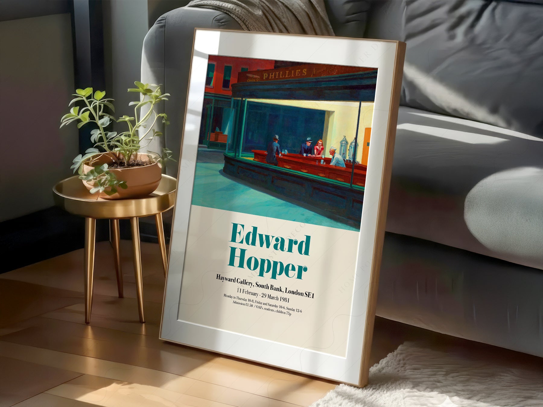 Edward Hopper Nighthawks Exhibition print styled in a mid-century modern dining room