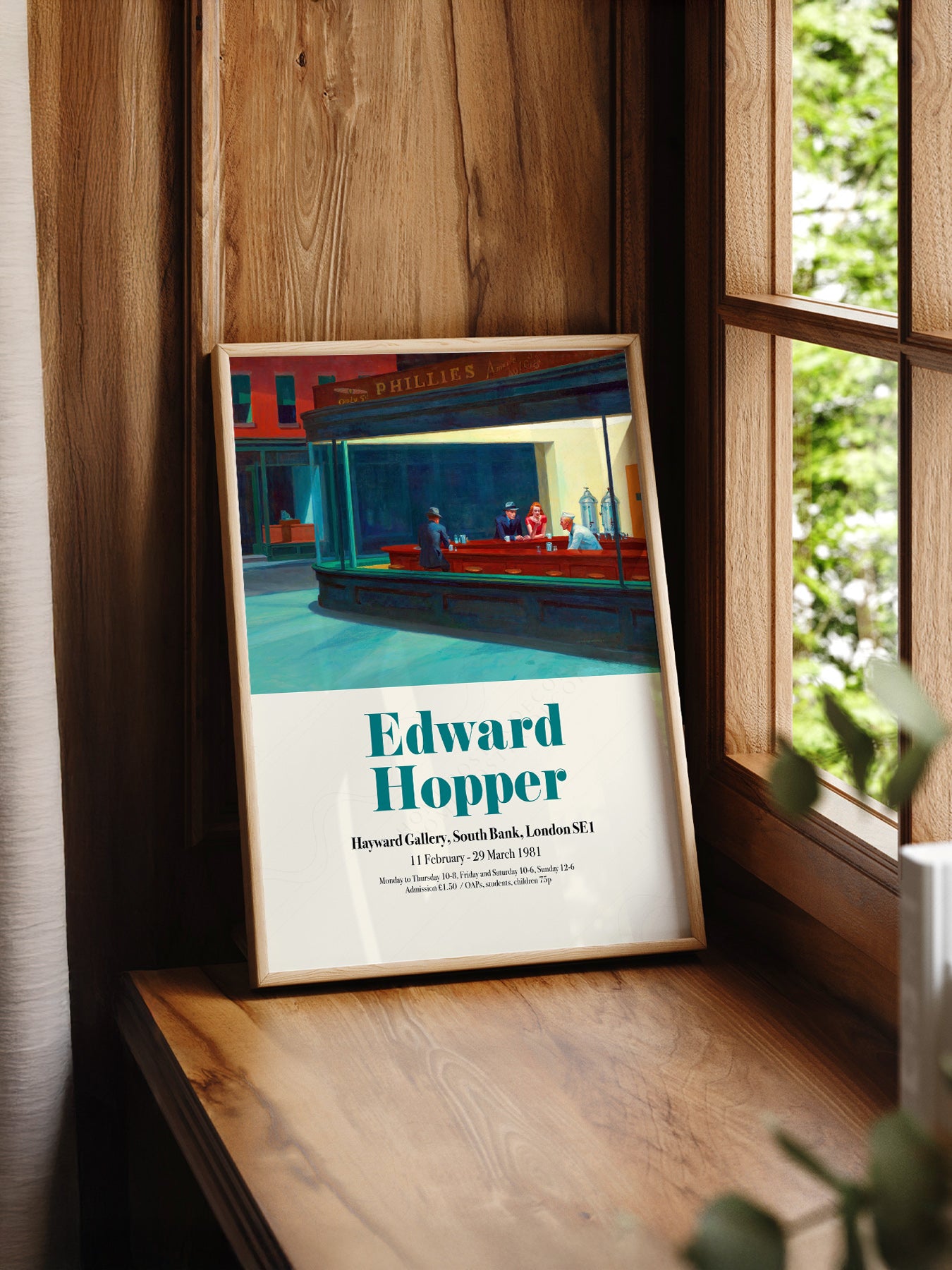 Edward Hopper Nighthawks Exhibition print styled in a mid-century modern dining room