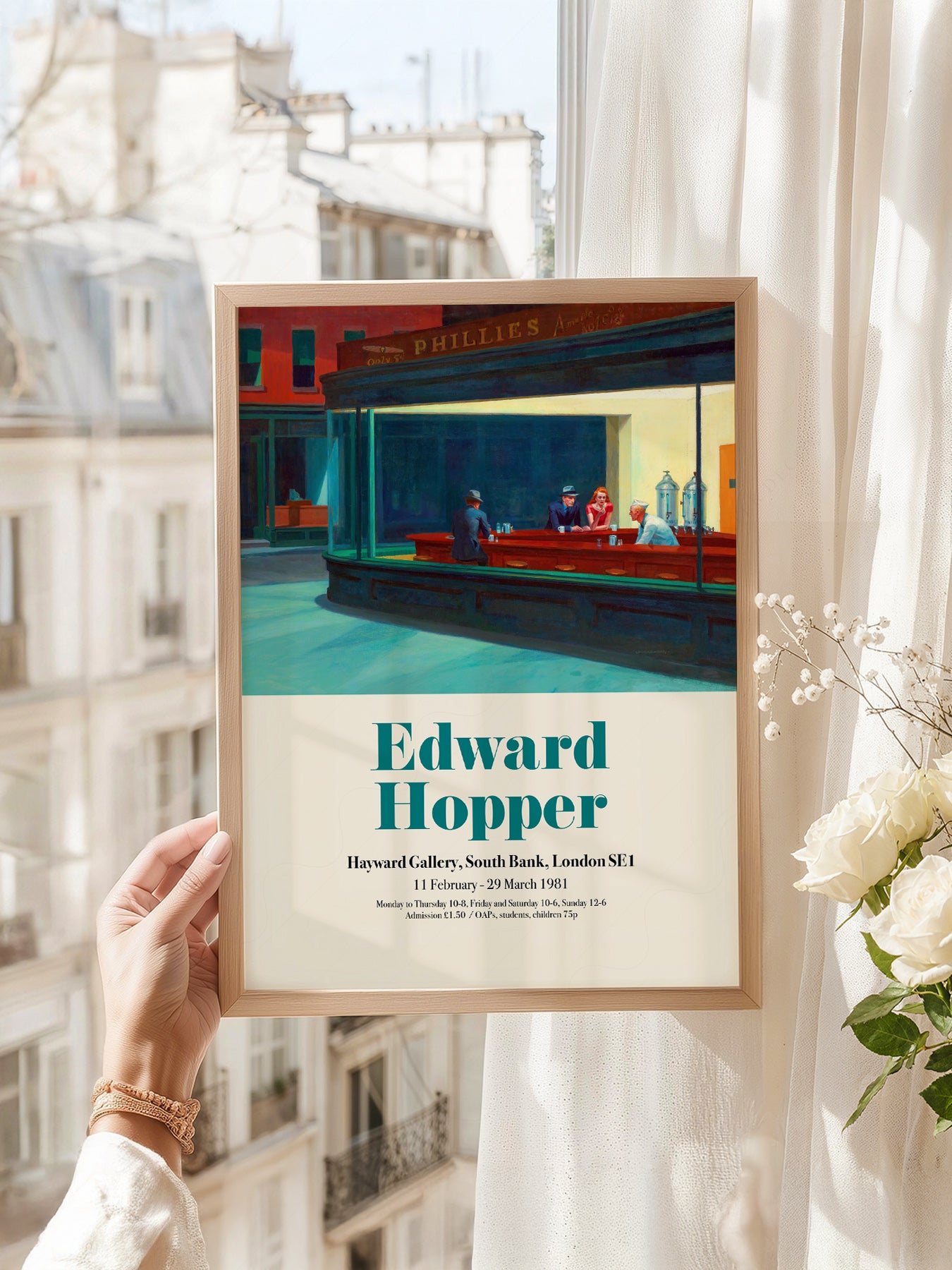 Edward Hopper art print as wall decor in a minimalist home office