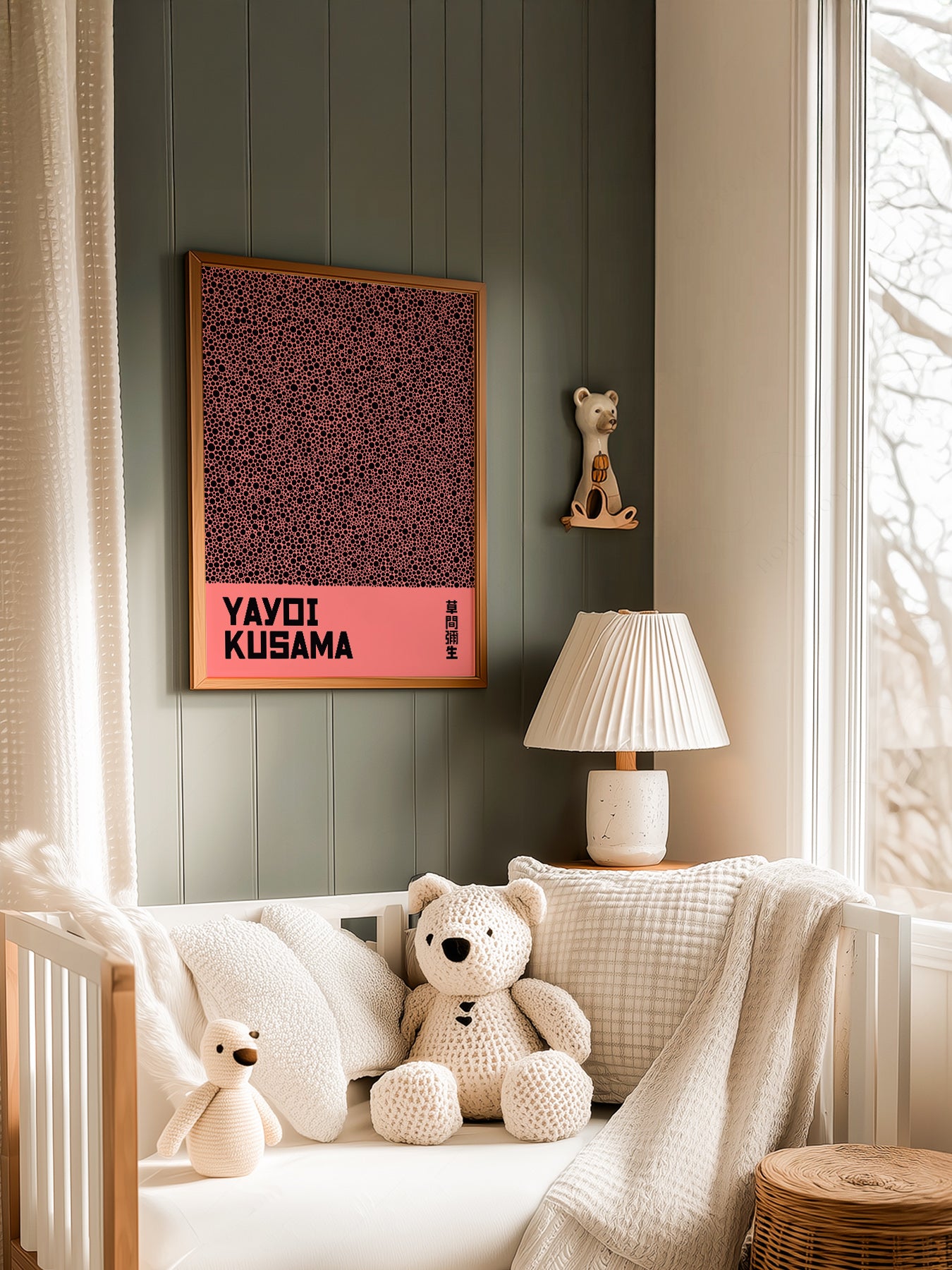 Yayoi Kusama Infinity Nets in a light-filled Japandi-inspired living space