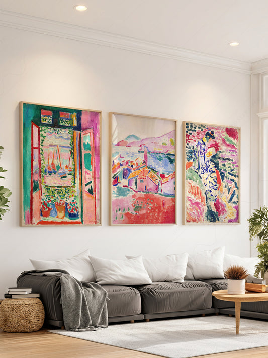 Henri Matisse gallery wall set of 3 art prints featuring The Open Window, View at Collioure, and La Japonaise in vibrant Fauvist colors.