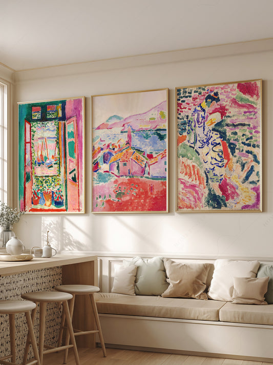 Henri Matisse Gallery Wall Set of 3 wall art print displayed in a bright modern living room