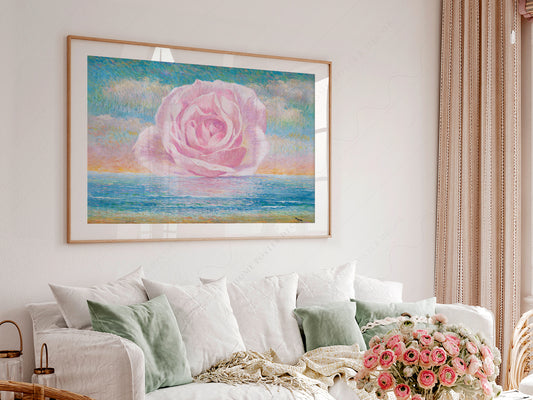 René Magritte L'invitation au voyage wall art print displayed in a bright modern living room