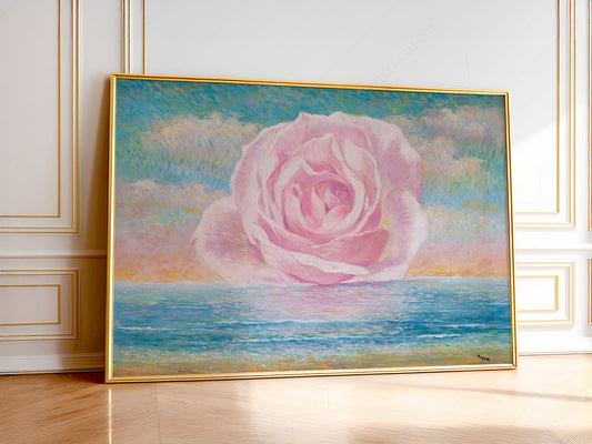 René Magritte L'invitation au voyage surrealist art print featuring a pink rose floating over a calm ocean at sunset.