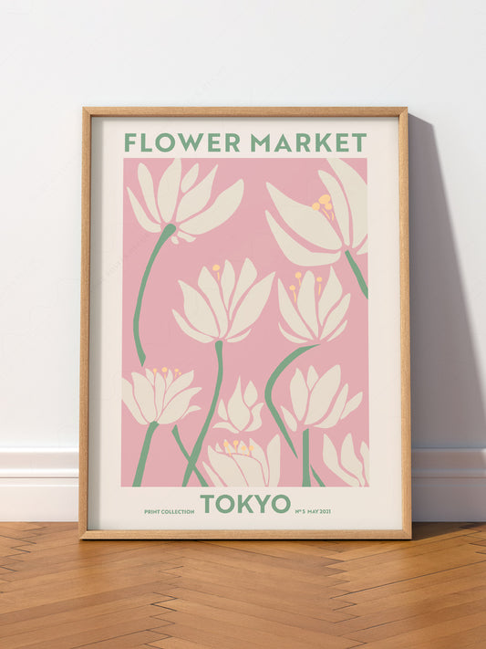 Flower Market Tokyo wall art print displayed in a bright modern living room
