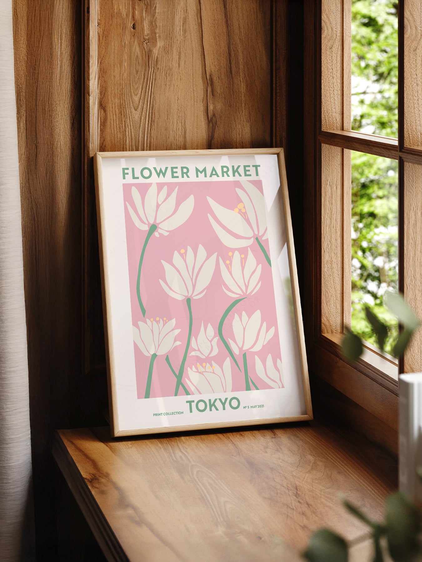Flower Market Tokyo print styled in a mid-century modern dining room