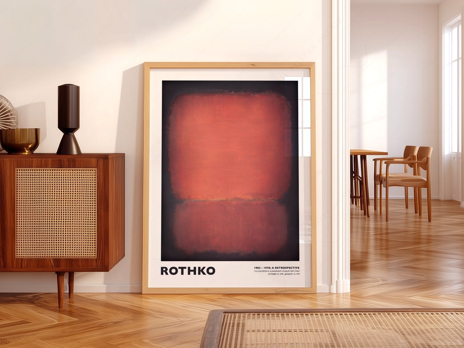 Mark Rothko Untitled Red and Black print styled in a mid-century modern dining room