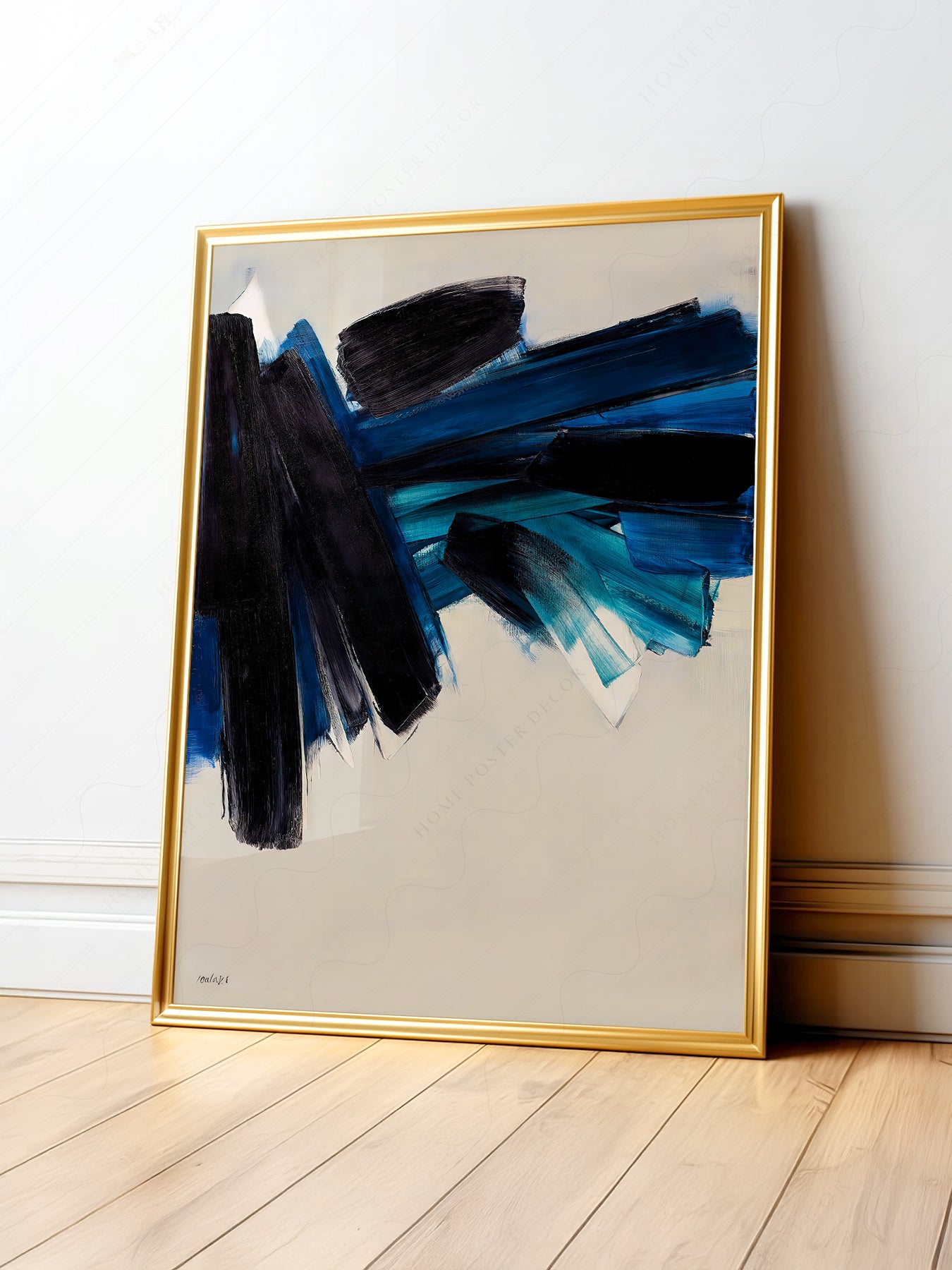 Pierre Soulages abstract art print featuring bold blue and black brushstrokes on pale background as modern wall art.