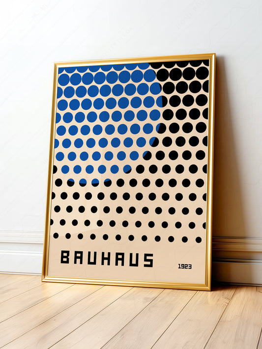Bauhaus 1923 exhibition wall art poster featuring blue and black dots in geometric pattern on cream background.