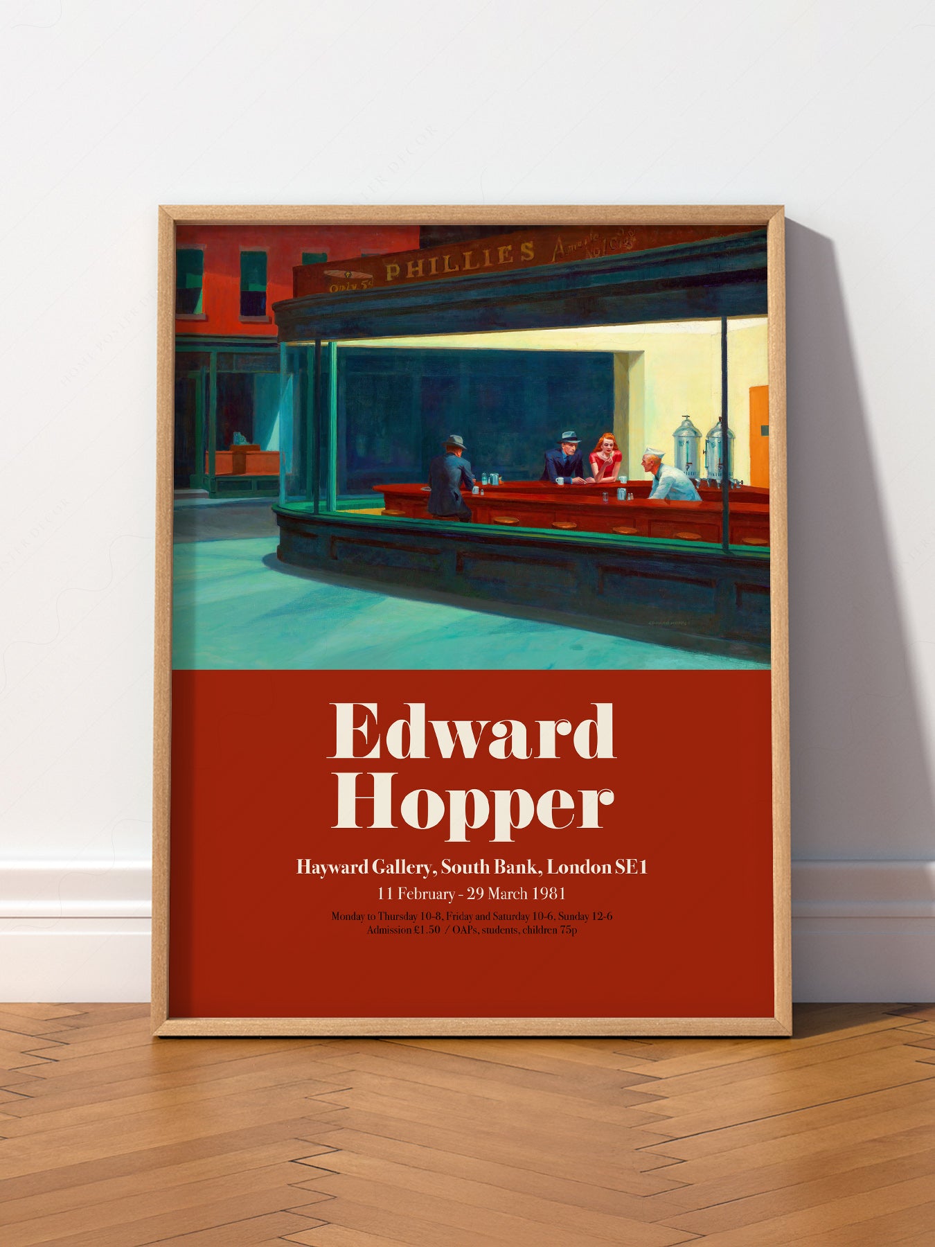Edward Hopper Nighthawks Exhibition wall art print displayed in a bright modern living room