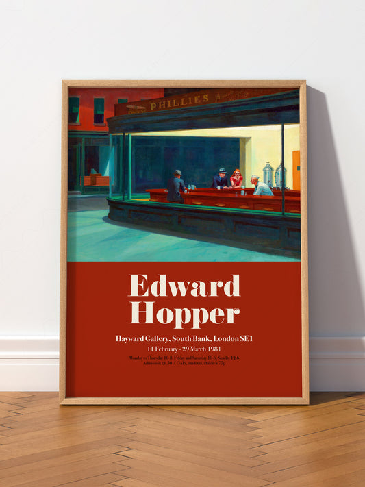 Edward Hopper Nighthawks Exhibition wall art print displayed in a bright modern living room