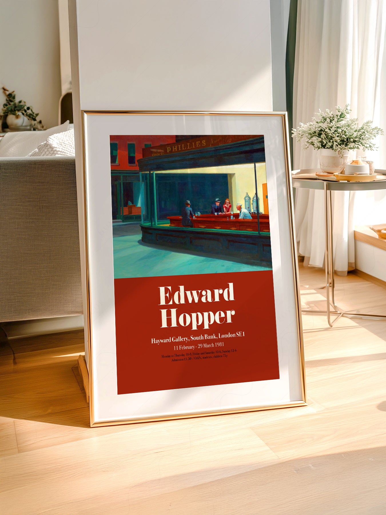 Edward Hopper art print styled in a Scandinavian bedroom