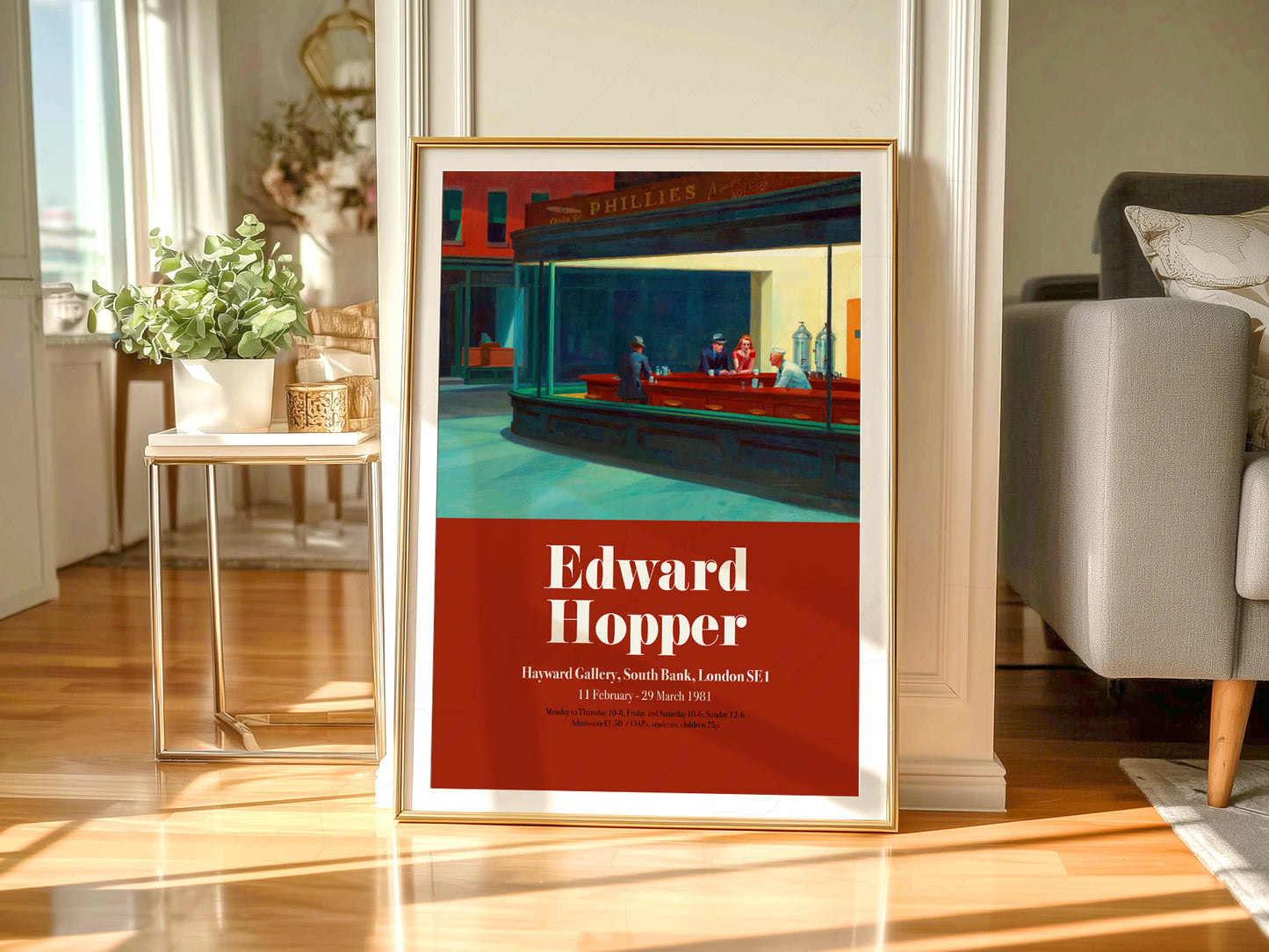 Edward Hopper Nighthawks Exhibition print styled in a mid-century modern dining room