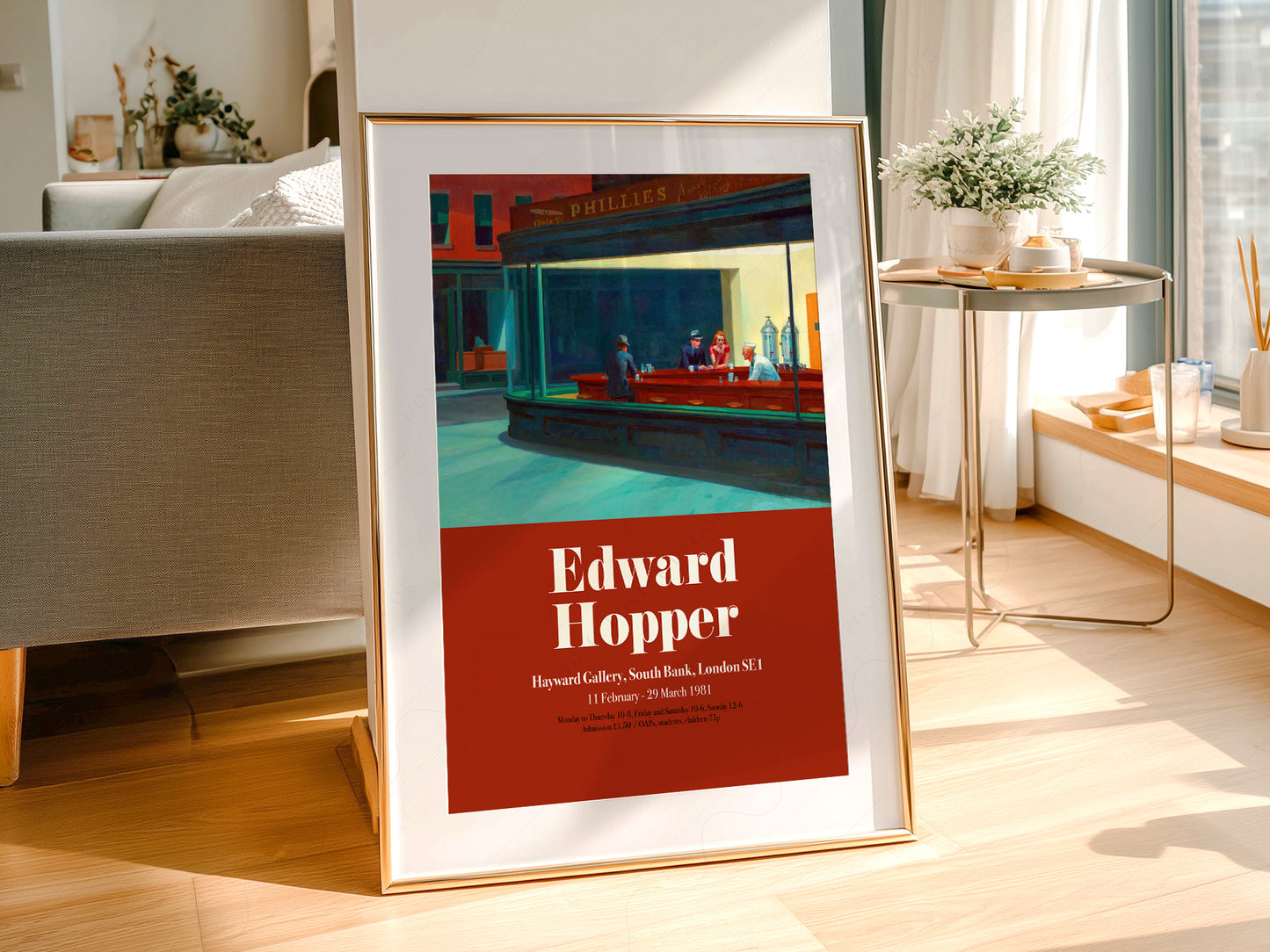 Edward Hopper Nighthawks Exhibition wall art print displayed in a bright modern living room
