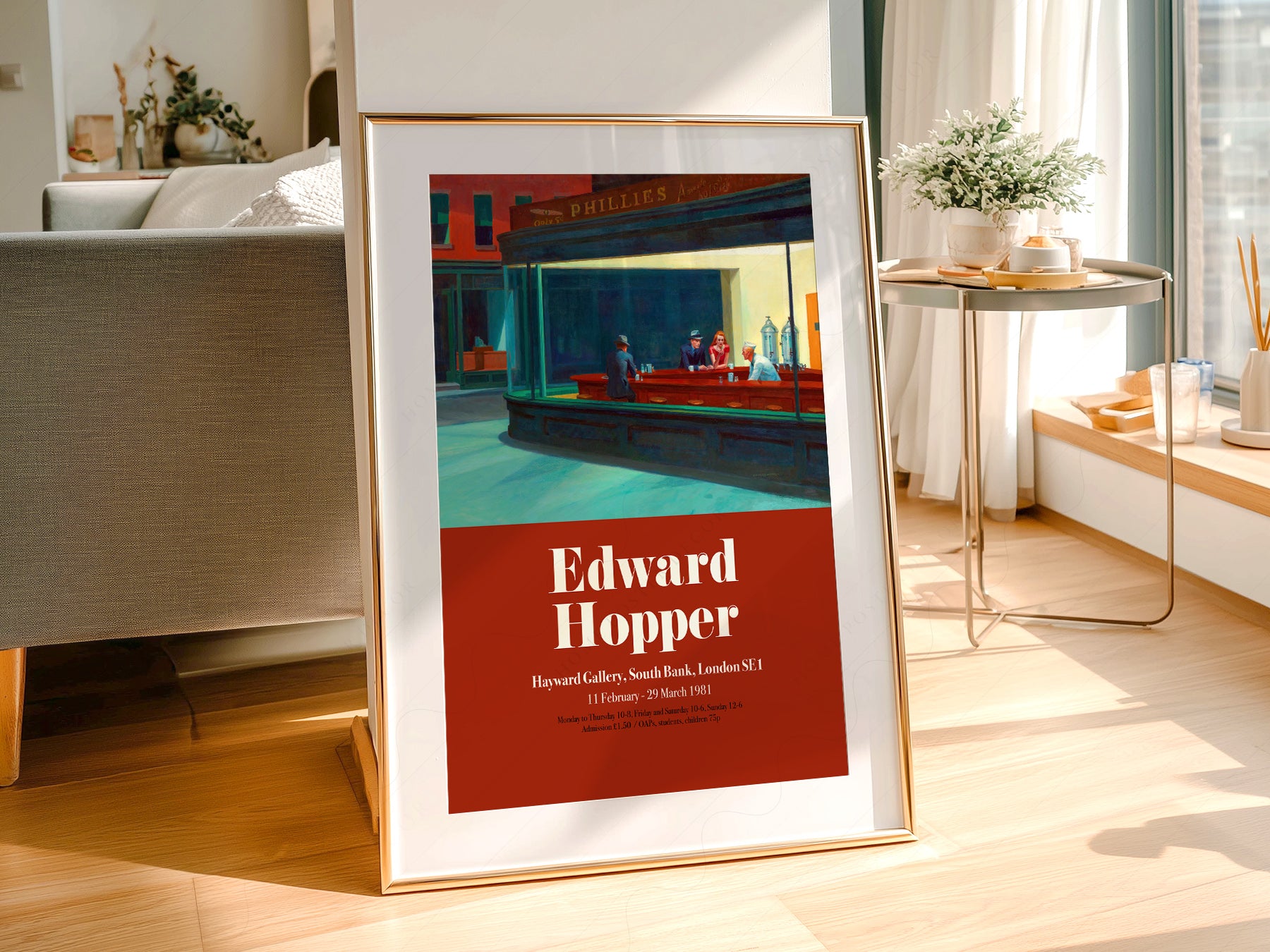 Edward Hopper Nighthawks Exhibition wall art print displayed in a bright modern living room