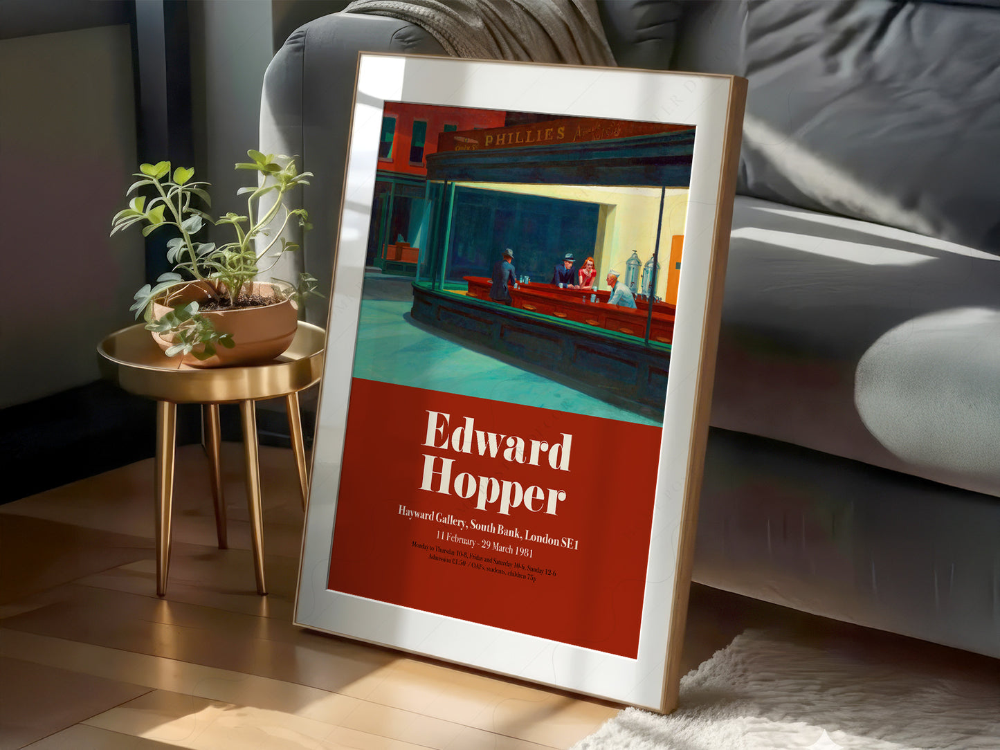 Edward Hopper art print styled in a Scandinavian bedroom