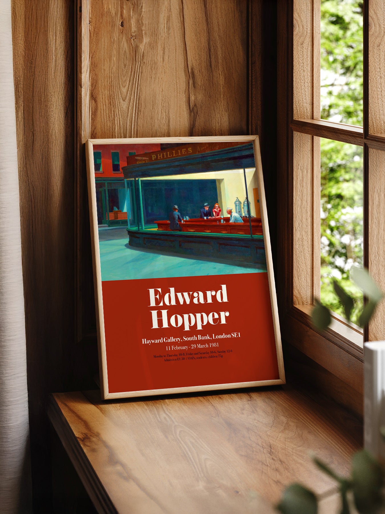 Edward Hopper Nighthawks Exhibition print styled in a mid-century modern dining room