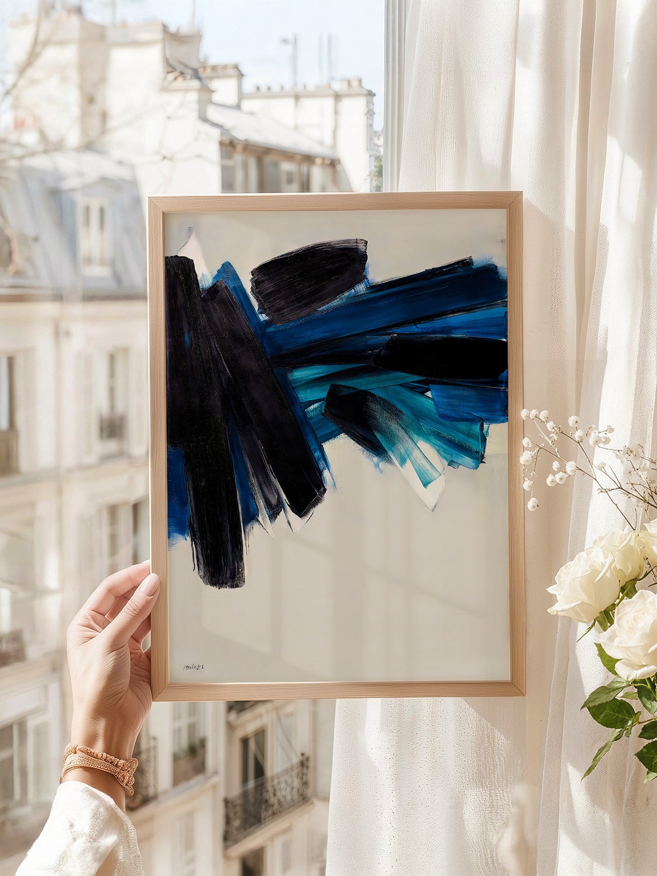 Pierre Soulages Abstract art print as wall decor in a minimalist home office