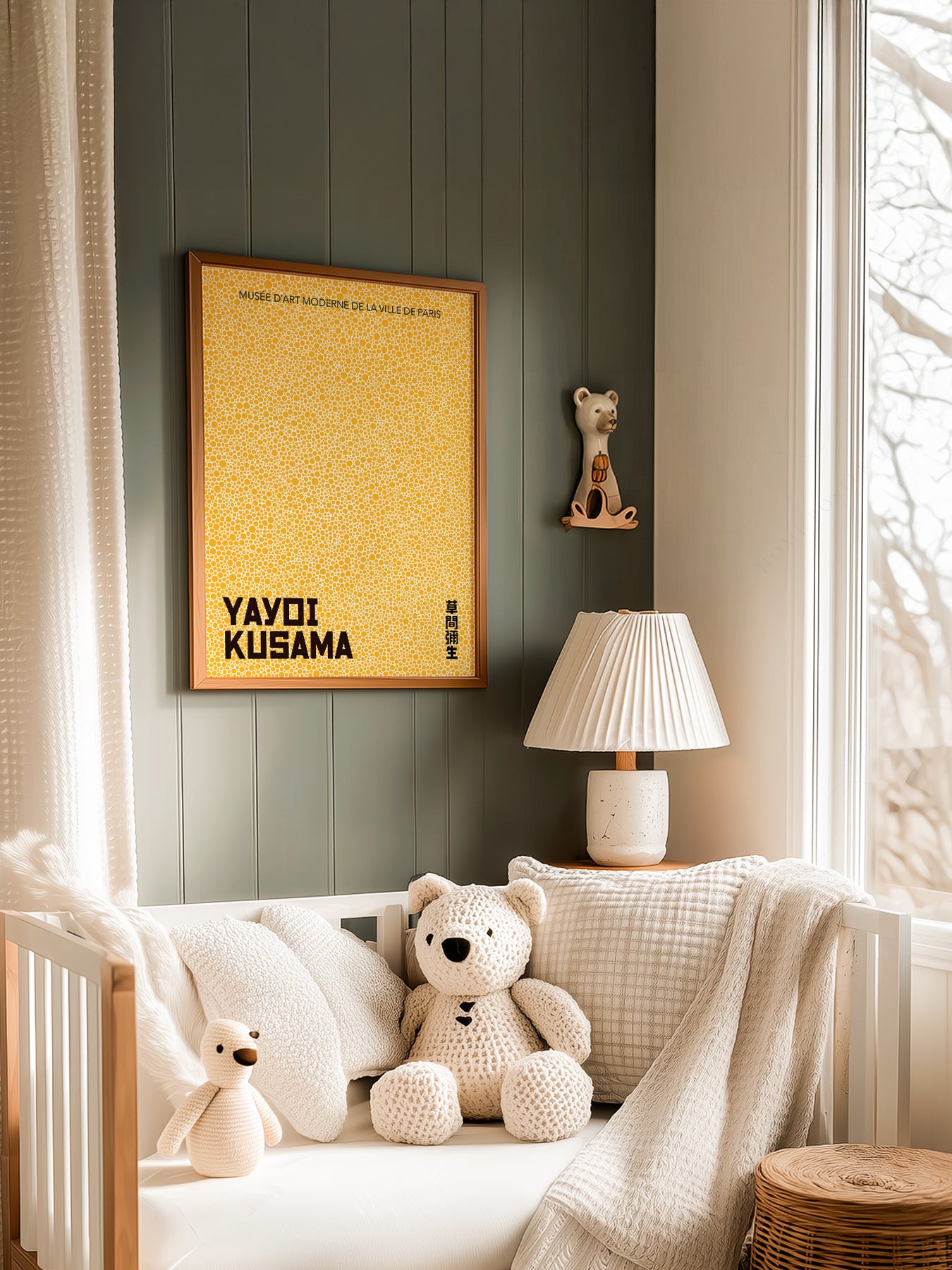 Yayoi Kusama Yellow Dots Exhibition in a light-filled Japandi-inspired living space