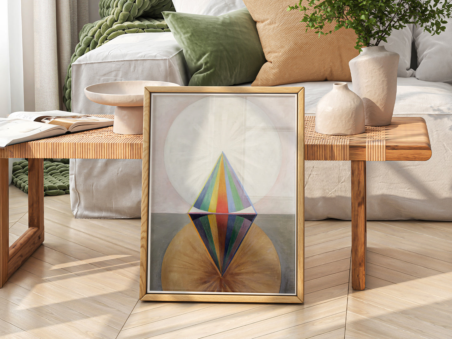 Hilma af Klint art print as wall decor in a minimalist home office