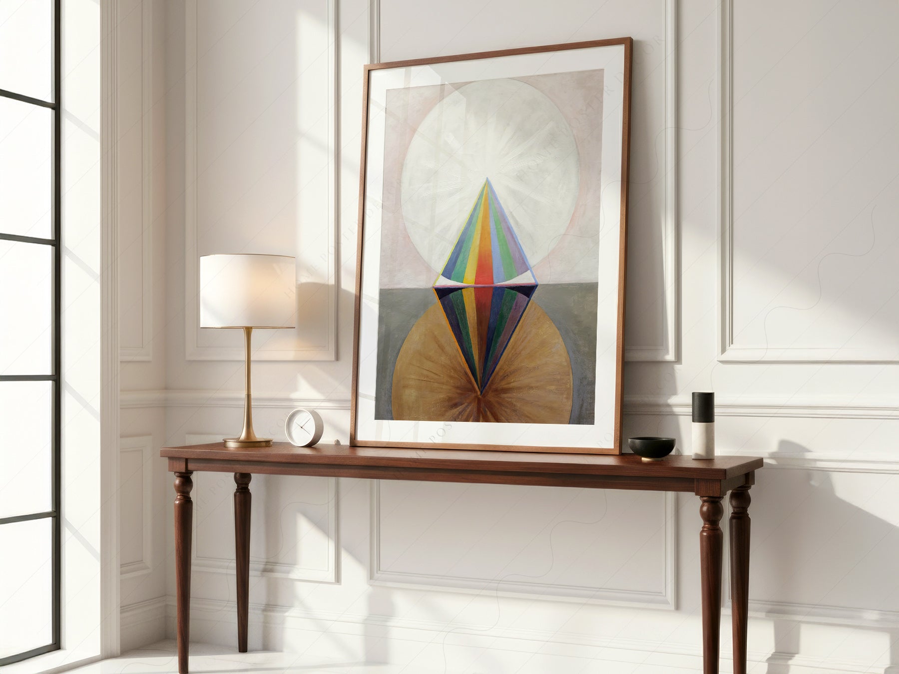 Hilma af Klint Altarpiece No 1 Group X print styled in a mid-century modern dining room