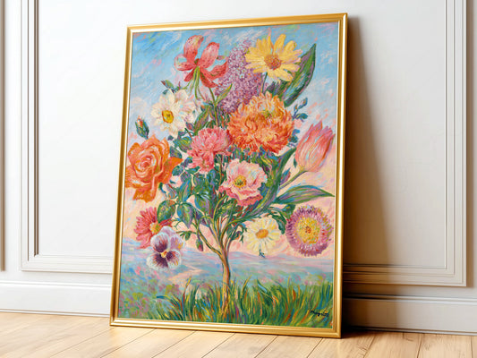 René Magritte La Préméditation surrealist art print featuring a colorful flowering tree with roses and daisies.