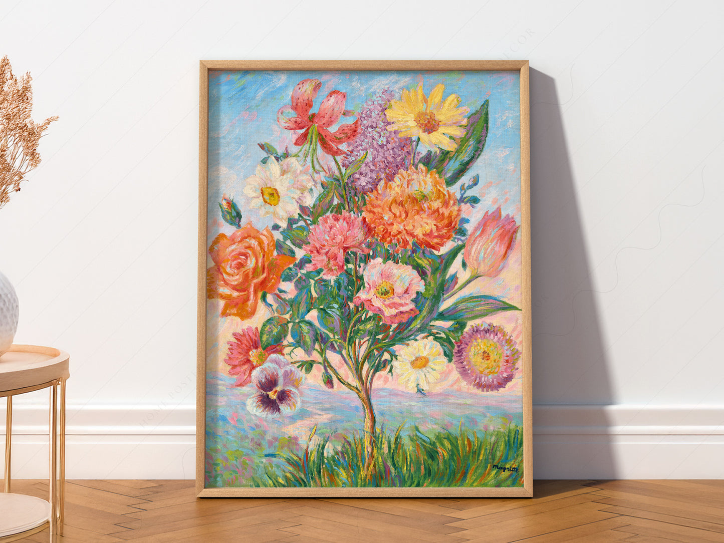 René Magritte art print as wall decor in a minimalist home office