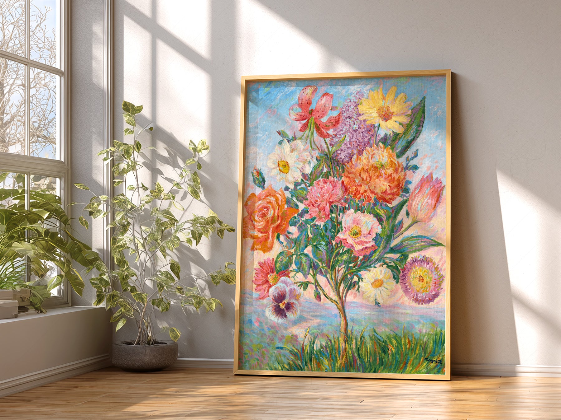 René Magritte wall art in a cozy home study or reading room