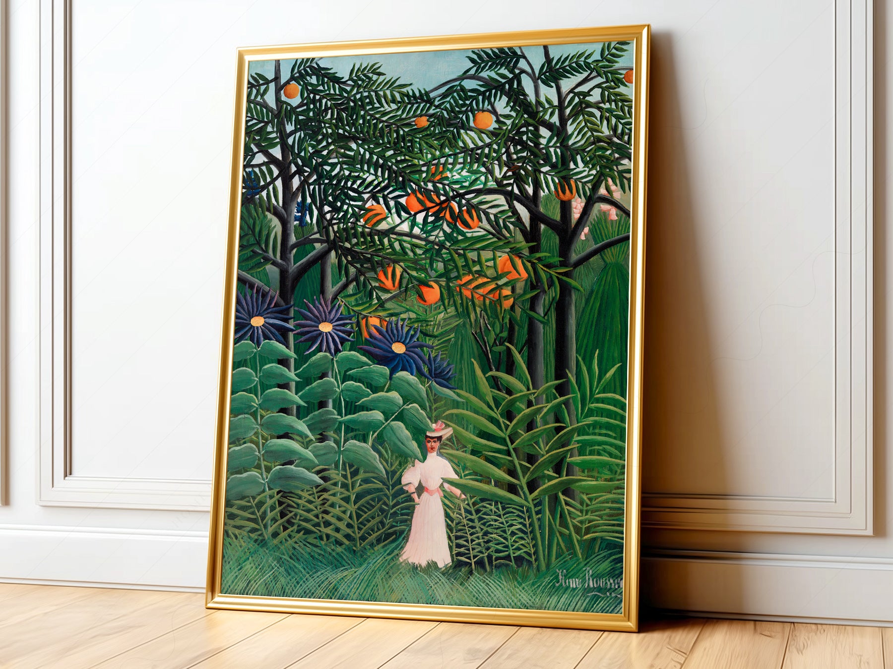 Henri Rousseau Woman Walking in an Exotic Forest art print with lush jungle foliage and tropical plants.