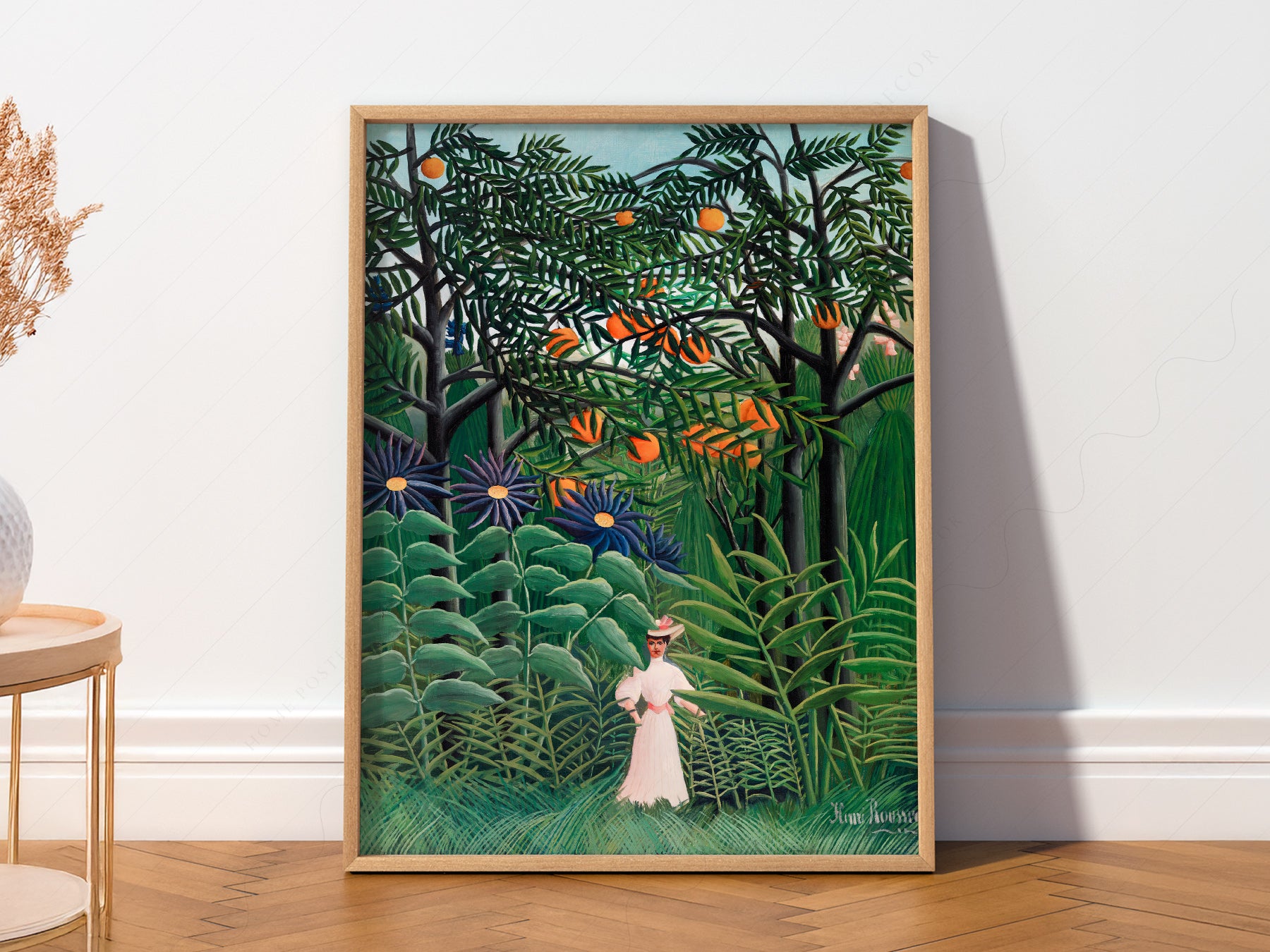 Henri Rousseau Woman Walking in an print styled in a mid-century modern dining room