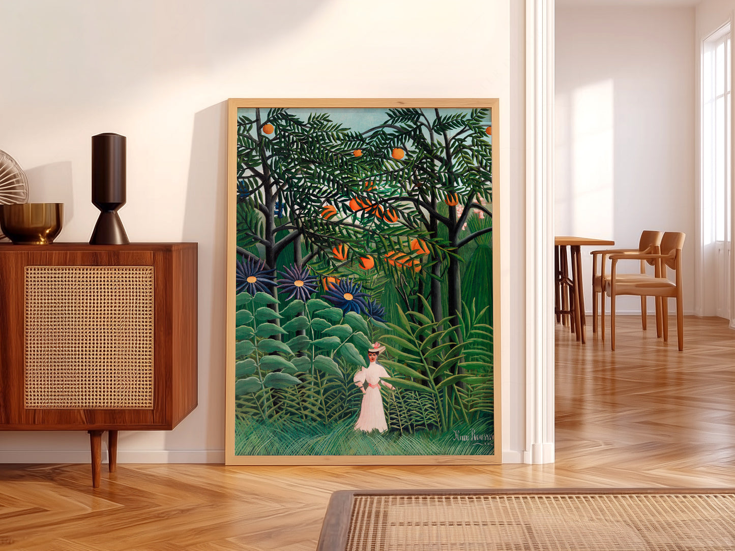 Henri Rousseau art print styled in a Scandinavian bedroom