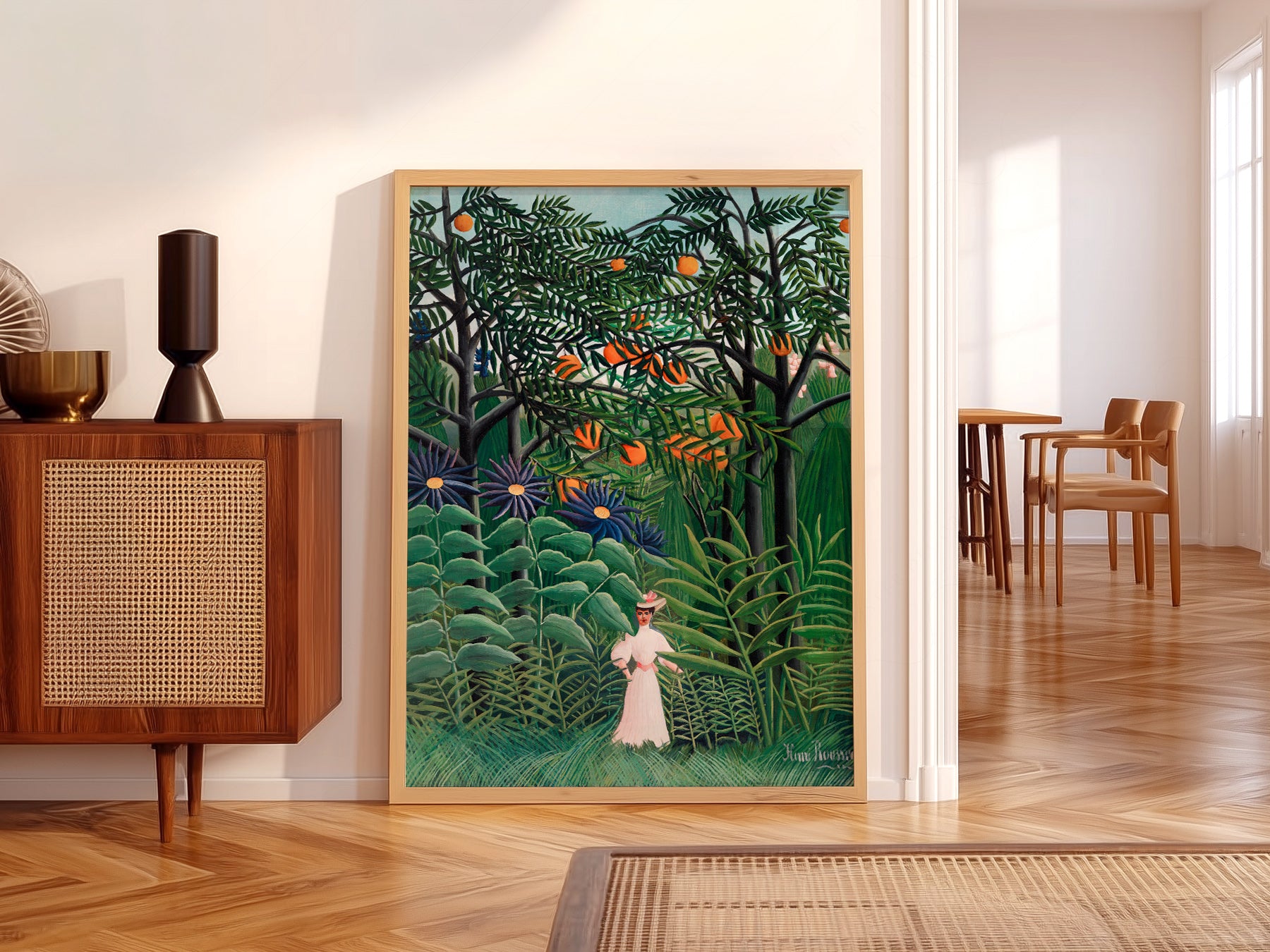 Henri Rousseau art print styled in a Scandinavian bedroom