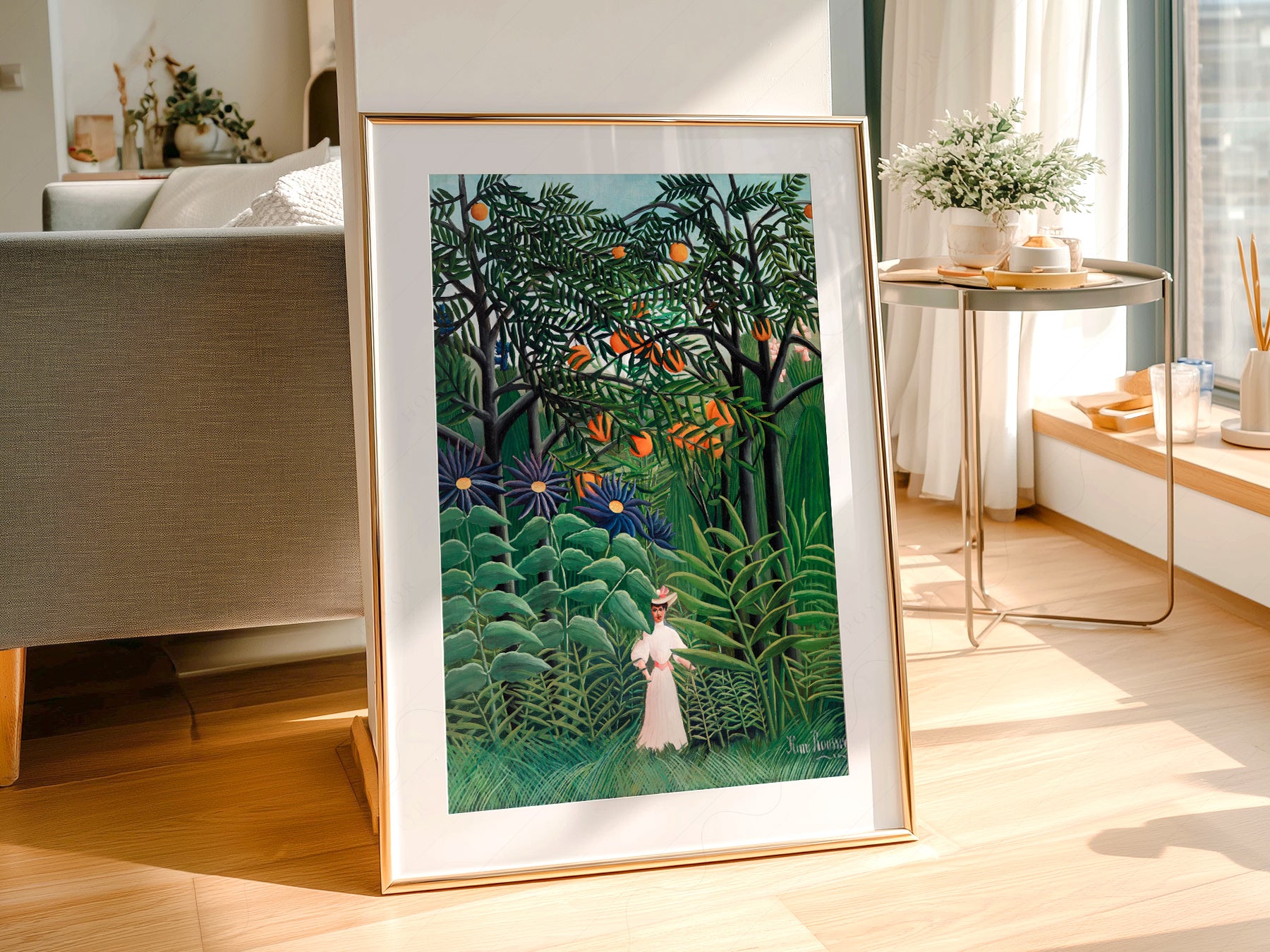 Henri Rousseau Woman Walking in an wall art print displayed in a bright modern living room