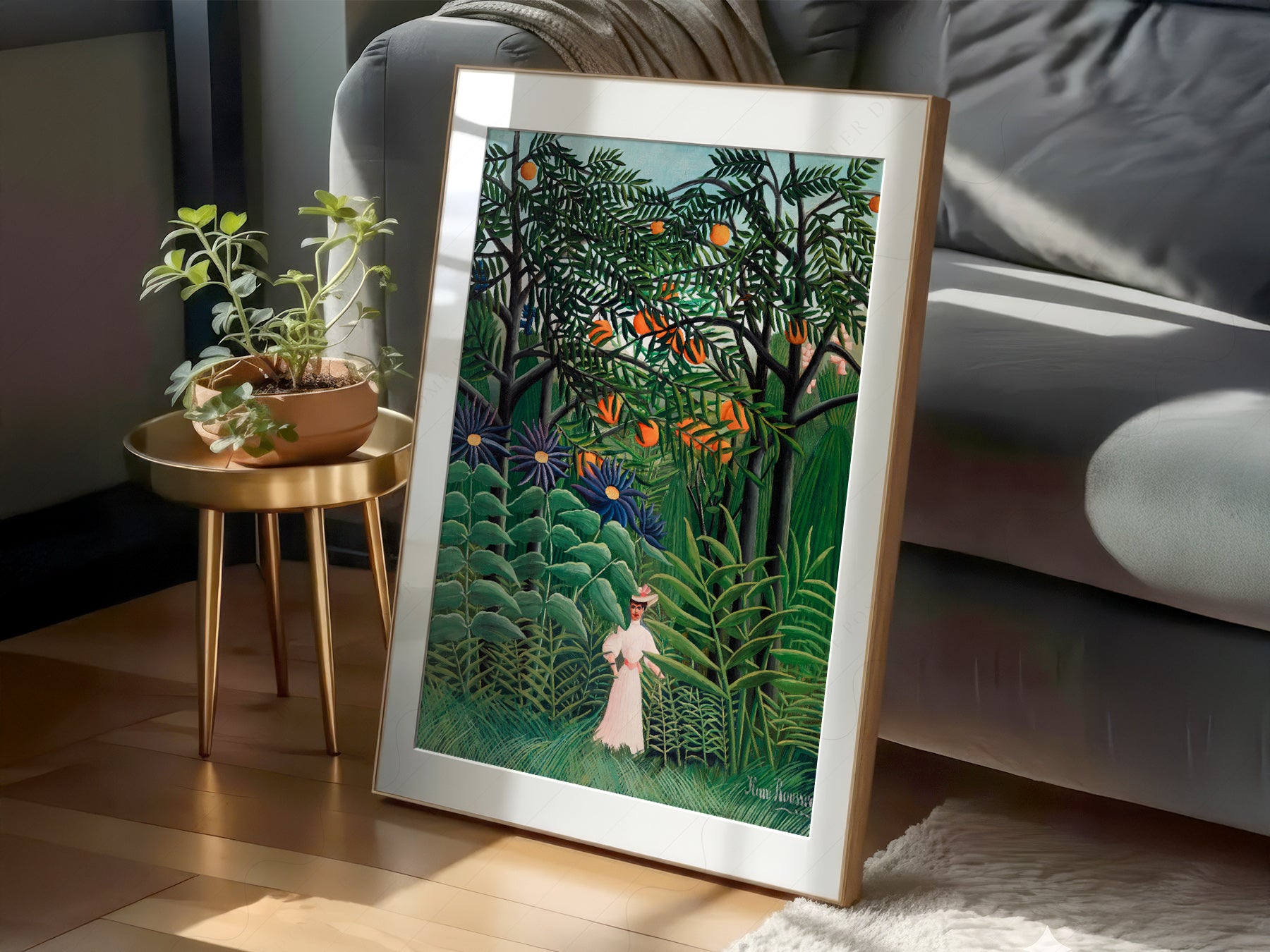 Henri Rousseau art print as wall decor in a minimalist home office