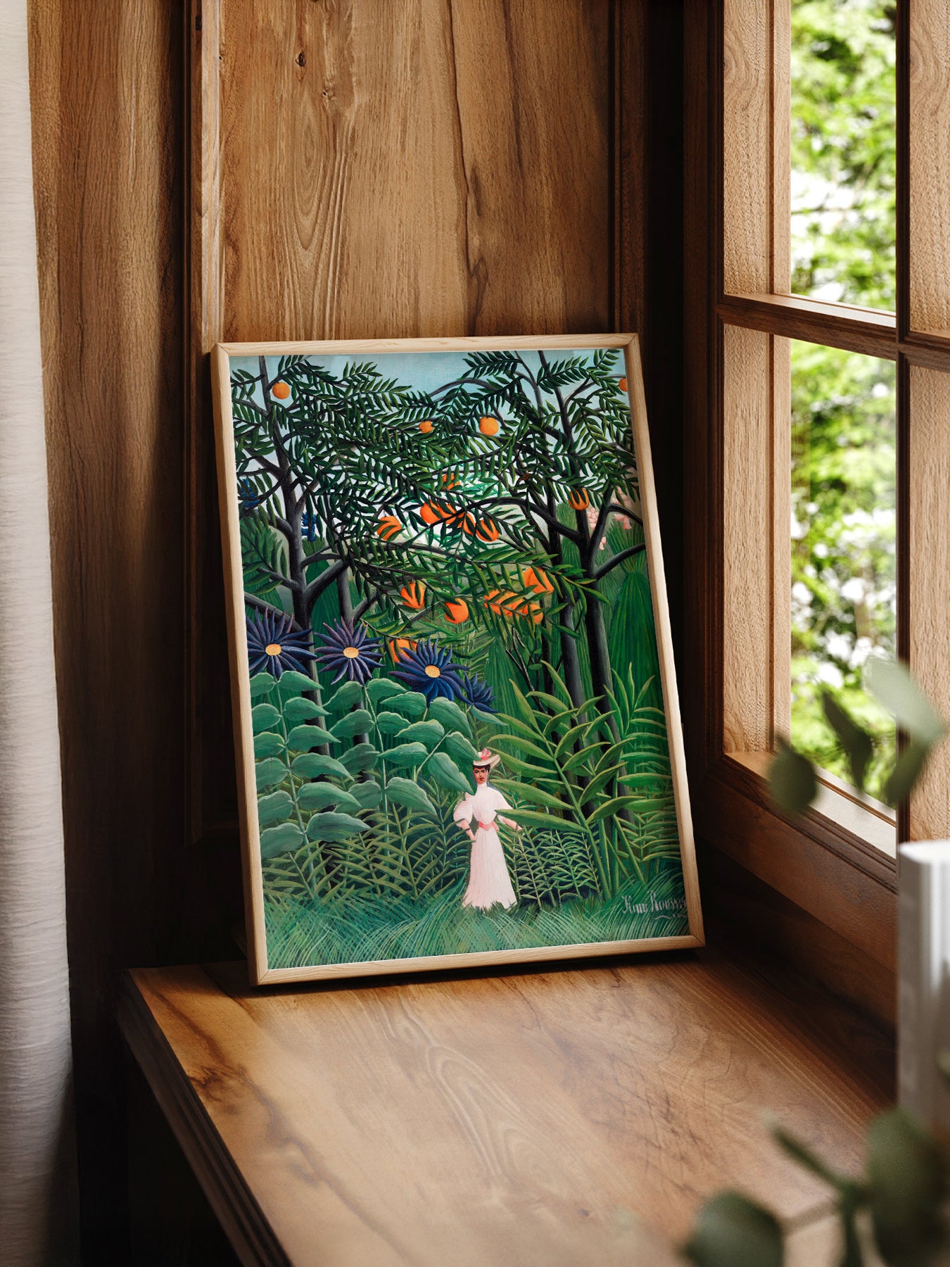 Henri Rousseau Woman Walking in an print styled in a mid-century modern dining room